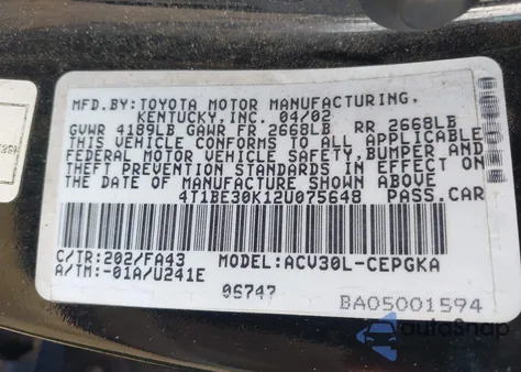 2002 Toyota Camry Xle from USA, damaged, VIN 4T1BE30K12U075648